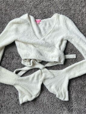 Sugar Thrillz Cream Fuzzy Wrap Crop Top